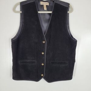 Vtg Marsh Landing‎ Large Black Leather Button up Vest Suede Sleeveless Western